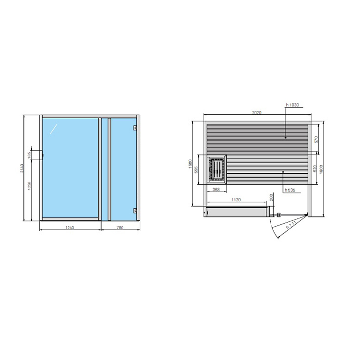 Effegibi Yoku S Glass Сауна 202x180х214см, угловая DX, цвет: термообработанная древесина