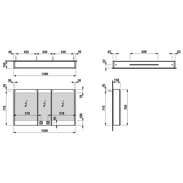 Laufen Frame Зеркальный шкаф 130x75см, LED-подсветка, алюминий, 3 двери, 2 розетки