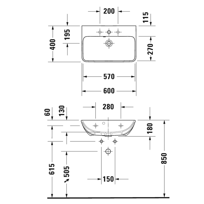 Раковина подвесная Duravit Me by Starck 60х40м, с переливом, с площадкой, с 1 отв., цвет: белый