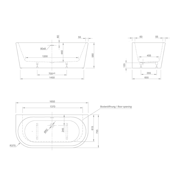 KNIEF Wall XS Corner L Ванна в правый угол 165x75x58xсм, с щелевым переливом, без сл-пер, цвет: белый