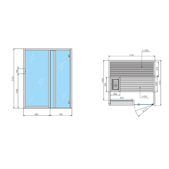 Effegibi Yoku S Glass Био-Сауна 174x170х214см, угловая DX, цвет: термообработанная древесина