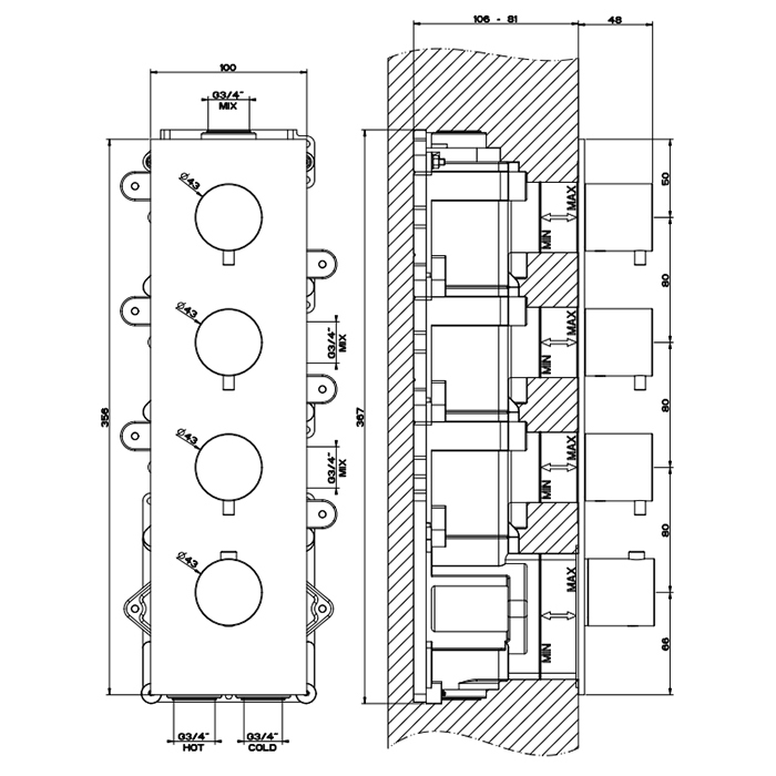 Gessi 316 Встраиваемый термостатический смеситель на 3 источника, резьба 3/4", внешняя часть, цвет: brushed black metal pvd