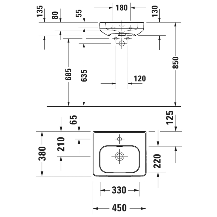 Раковина Duravit Soleil by Starck 45х38х13см, подвесная, 1 отв., с переливом, WonderGliss, цвет: белый
