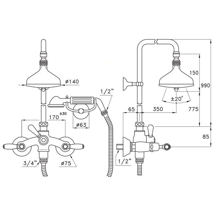 Душевой комплект Stella Italica Leve 3284/33-140: смеситель, штанга+ручной+верхний душ 140мм, цвет: хром