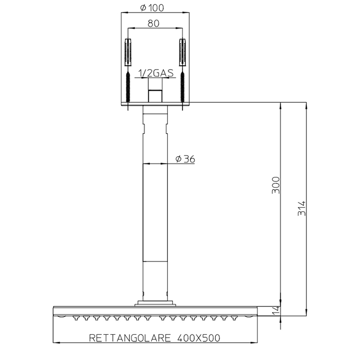 BOSSINI DREAM-RECTANGULAR Верхний душ 500 x 400 мм 1 режим - держателем вертикальным 300 x Ø 36 мм, цвет: хром