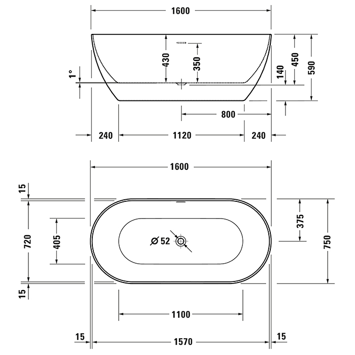 Duravit DuraKanto Ванна отдельностоящая 160x75см, овальная, цвет: белый