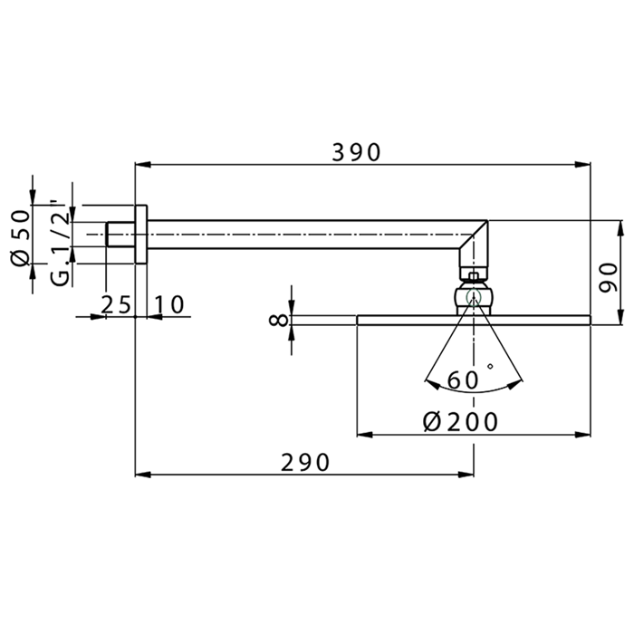 CISAL Shower Верхний душ D200 мм с настенным держателем L290 мм, цвет: хром