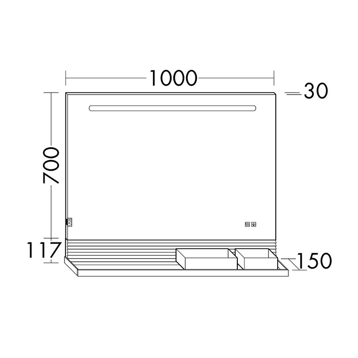Burgbad FIUMO Зеркало 100x70x15 мм, подсветка LED, сенс выкл, обогрев, корпус Alu-Optik, 2 ящика, рейлинг черные, панель белая FOT2