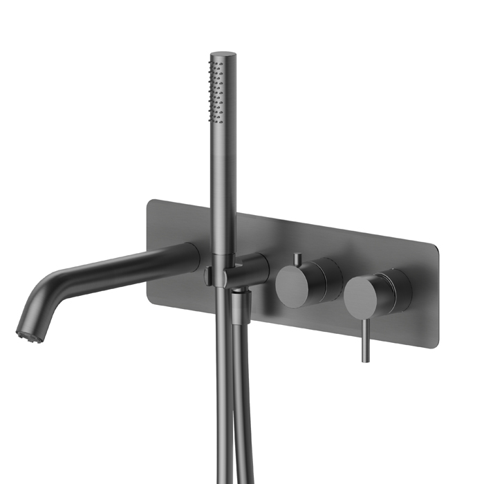 Смеситель для ванны Newform X-Steel 316, встраиваемый, с изливом и ручным душем, внешняя часть, цвет: PVD brushed gun metal