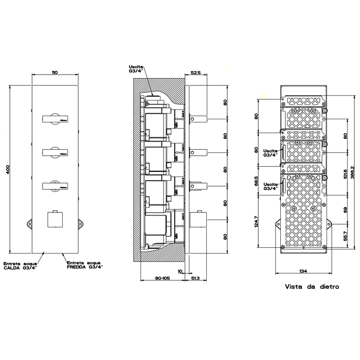 Gessi Rettangolo Встраиваемый термостатический смеситель, подключение на 3/4”, с 3мя независимыми выходами, внешняя часть, цвет: хром