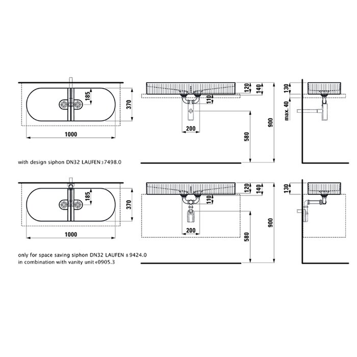 Раковина Laufen Sonar 100x37х13 см, без отв., двойная, без перелива, с наружным декором, цвет: белый