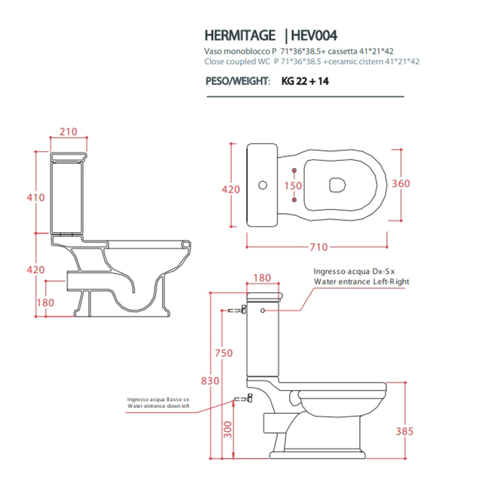 Artceram HERMITAGE унитаз моноблок 71х36см слив в стену с креплением, цвет: белый/бронза