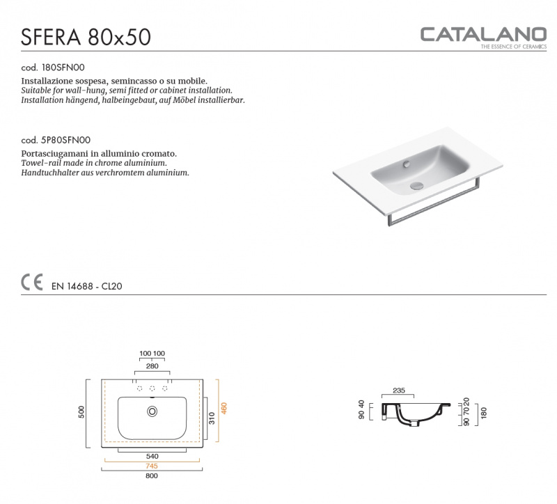 Раковина Catalano Sfera 80x50 0720810001 / 180SFN00