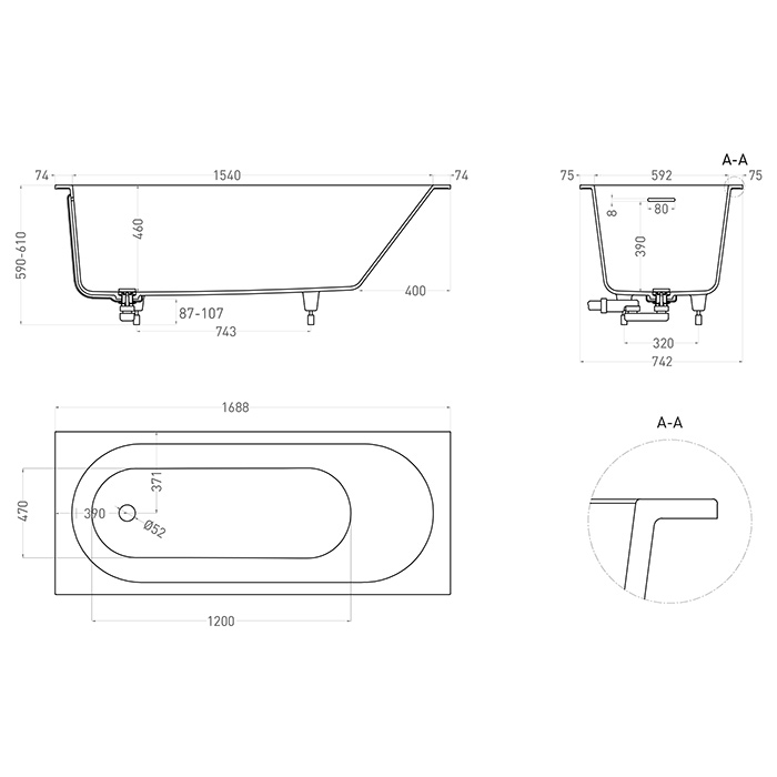 Salini Lofo Kit Ванна 168.8х74.2х59см, встраиваемая, Solid Surface, с донным клапаном, сифоном, ножками, слив-переливом, цвет: белый матовый