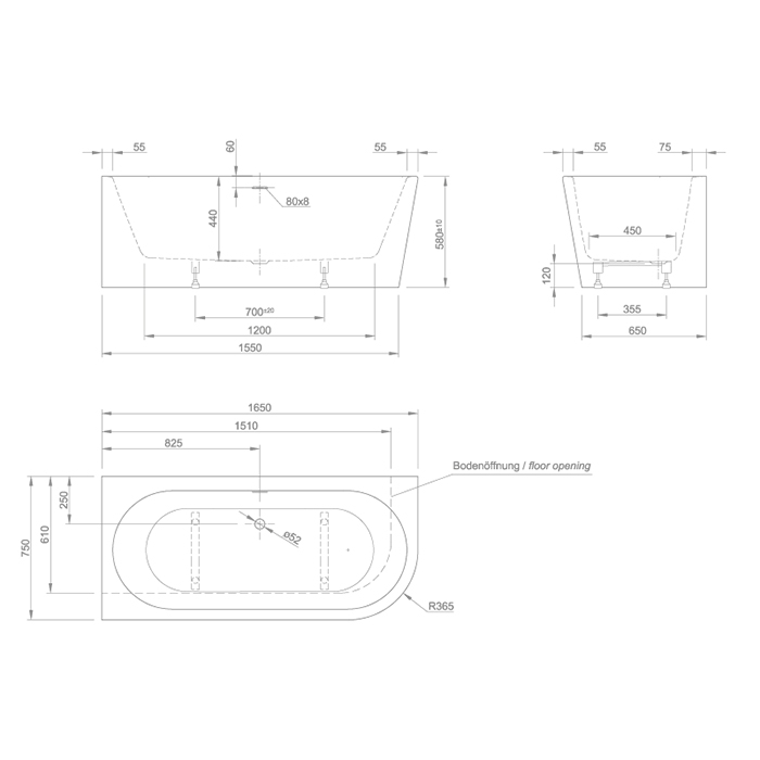 KNIEF Wall XS Corner R Ванна в левый угол 165x75x58xсм, с щелевым переливом, без сл-пер, цвет: белый