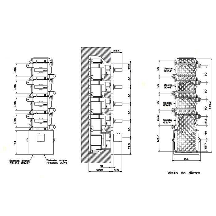 Gessi Rettangolo Встраиваемый термостатический смеситель, подключение на 3/4”, с 4мя независимыми выходами, внешняя часть, цвет: хром