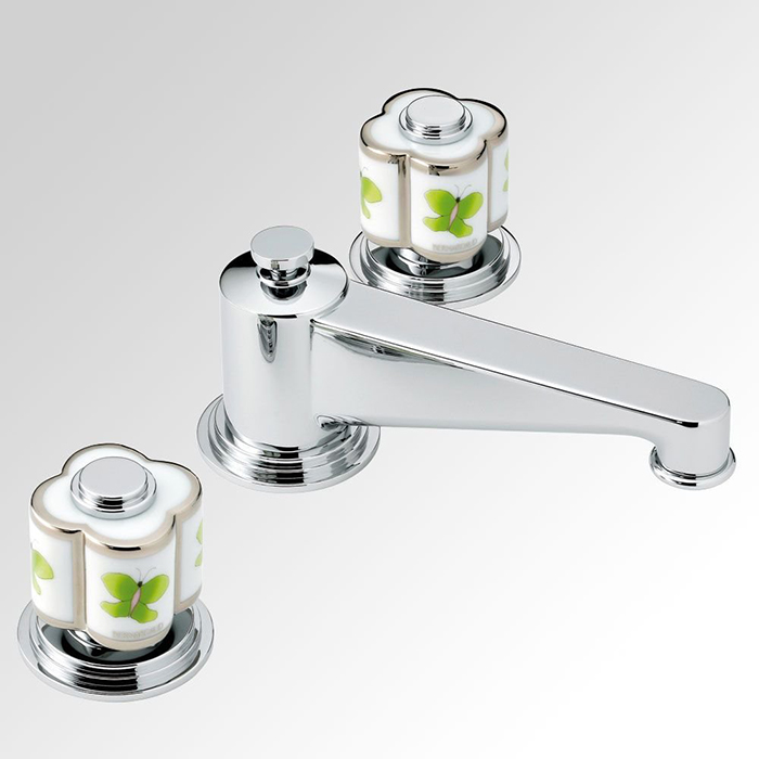 Смеситель для раковины THG CAPUCINE VERT DECOR PLATINE на 3 отверстия, с донным клапаном, декор платина/зеленый, цвет: хром