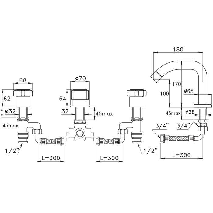 Смеситель на борт ванны Stella Aster на 4 отверстия 3256TR, цвет: хром