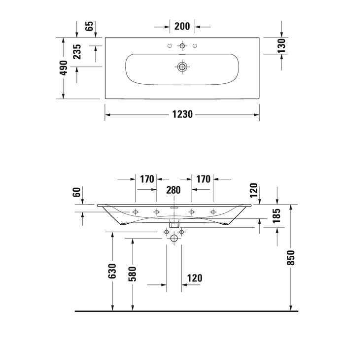 Раковина Duravit Viu 123х49 см, 1 отв., цвет: белый