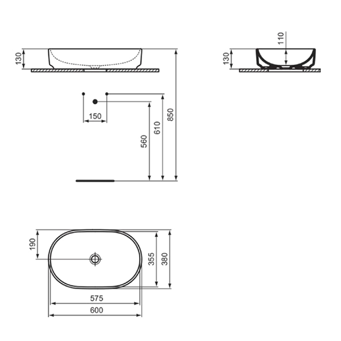 Ideal Standard i.life O Раковина овальная 60х38см, без отв., без перелива, цвет: белый