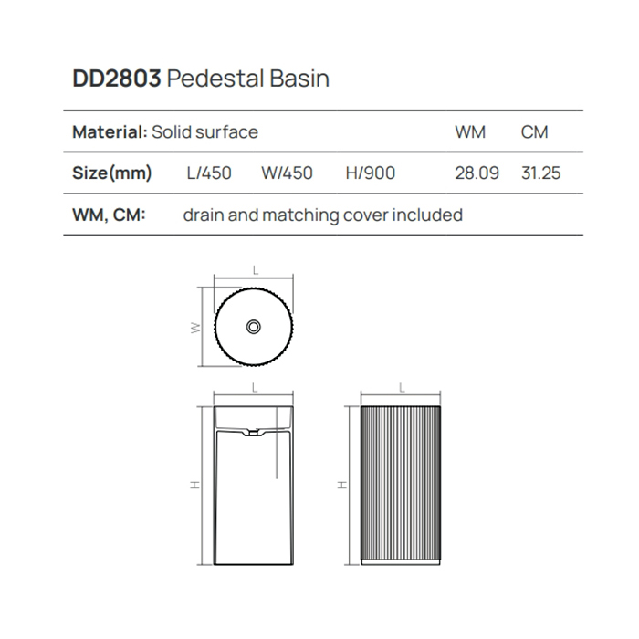 Dea Design Pedestal Basin Раковина 45х45х90см., напольная, без отв., Solid Surface, цвет: Black №16