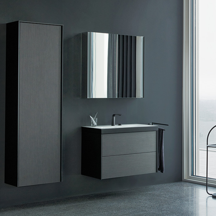 Шкаф подвесной Duravit XViu 50x36x133см с 3 стеклянными полками, (петли слева), цвет: dark brushed oak/чёрный матовый
