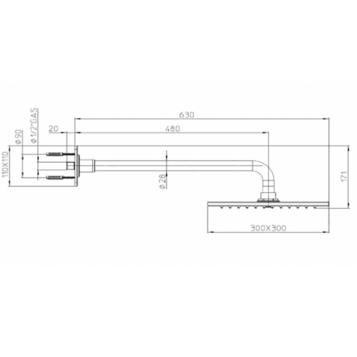 BOSSINI DREAM-CUBE Верхний душ 300 x 300 мм, 1 режим, с держателем Ø 28 мм, x 400 мм, цвет: хром