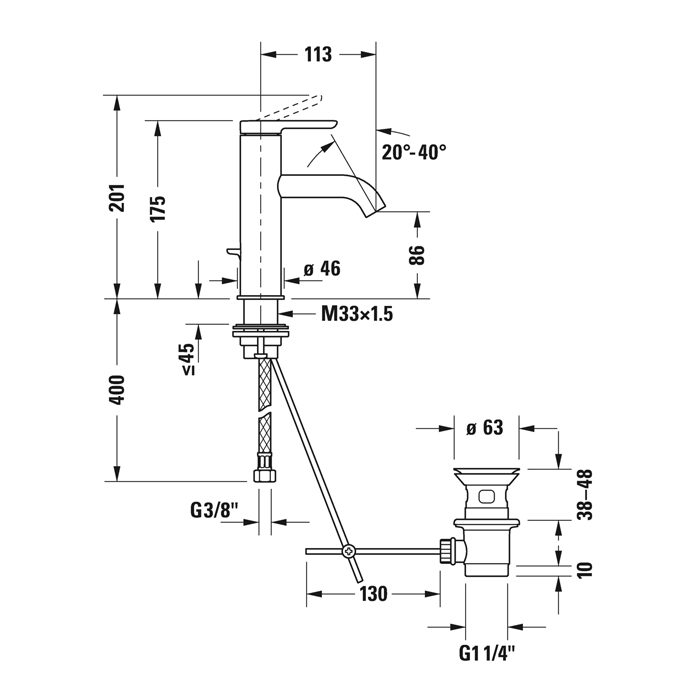 Смеситель для раковины Duravit C.1, 1 отв., с донным клапаном, излив 113мм, цвет: хром