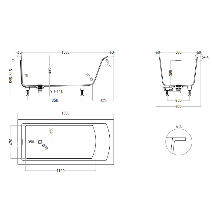 Salini Cascata Kit Ванна 150x70х62.5см, встраиваемая, S-Stone, цвет: белый матовый