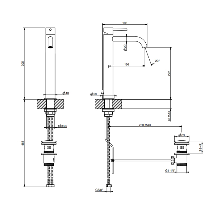 Смеситель для раковины Gessi 316, на 1 отв., высокий h=30.5см, с донным клапаном, излив: 15.5см, цвет: Black XL