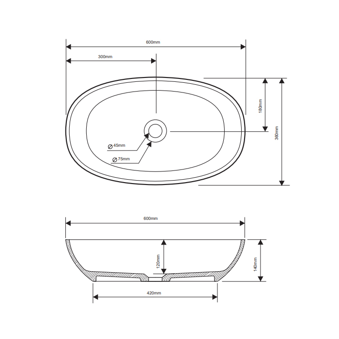 Dea Design Раковина 60х36х14см., накладная, без отв., цвет: grey
