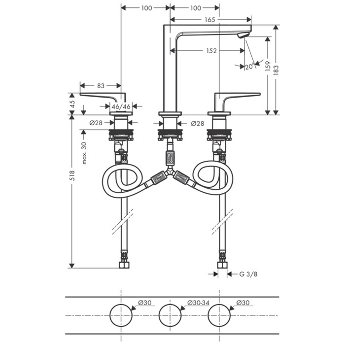 Смеситель для раковины Hansgrohe Metropol,.на 3 отв, h:18,3см, излив: 16см, цвет: хром