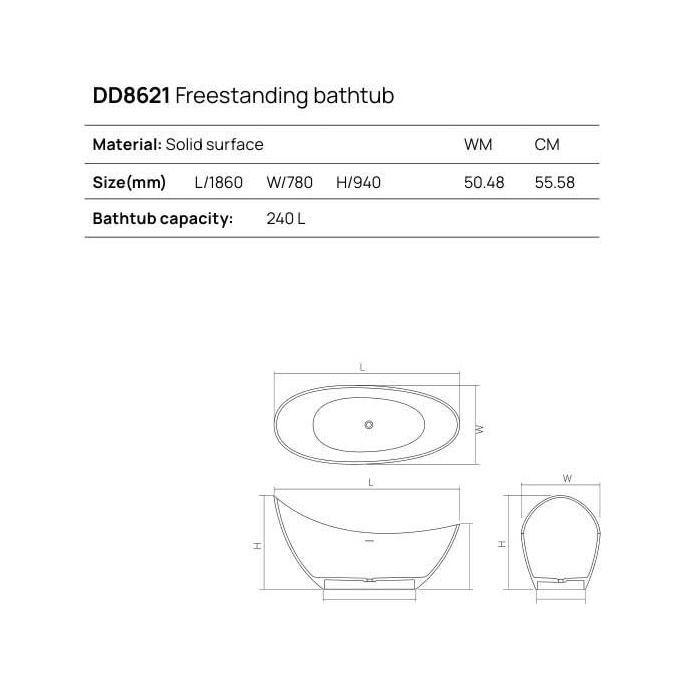 Dea Design Elegant Ванна 186x78x94см, отдельностоящая, Solid Surface, цвет: Black №16