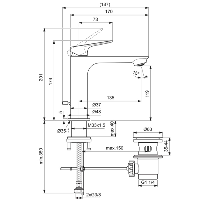 Ideal Standard Ceralife O Смеситель для раковины H12см., на 1 отв., с донным клапаном, цвет: хром