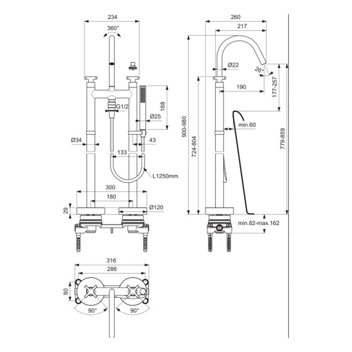 Ideal Standard Joy Neo Cмеситель для ванны, напольный, с ручным душем, шланг: 125см., цвет: PVD Magnetic Grey