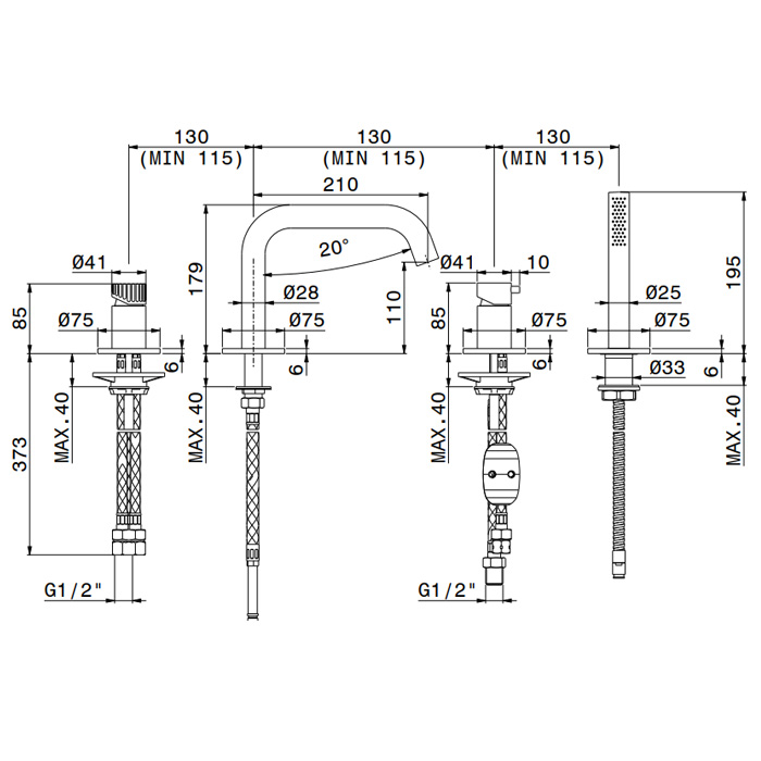 Newform Steel Line Смеситель на борт ванны, 4 отв., с ручным душем, цвет: stainless steel