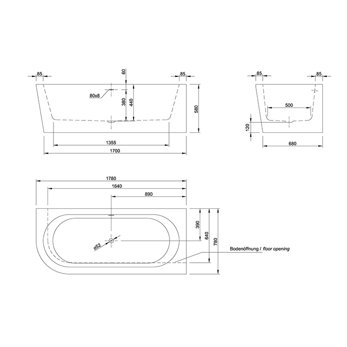 KNIEF Wall Corner L Ванна пристенная 180х80х60см, с круглым переливом, с комплектом крепл.к стене, без сл-перелива, цвет: белый