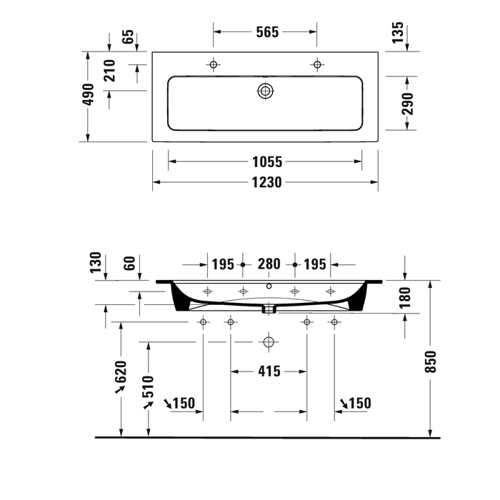 Duravit ME by Starck Раковина подвесная 123х49см, с площадкой, с 2 отв., цвет: белый