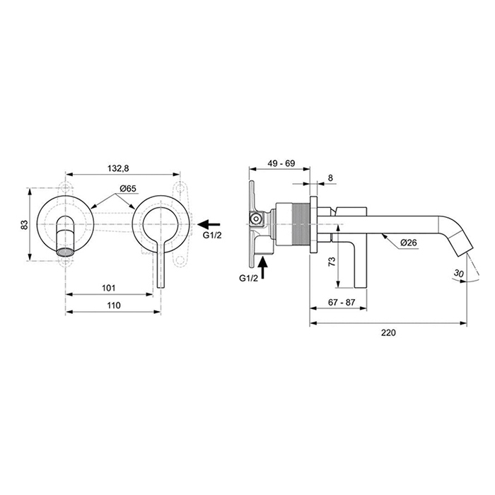 Ideal Standard Joy Смеситель для раковины, встраиваемый, излив: 22.5см, для монтажа с комплектом №1 A1313NU, цвет: PVD Magnetic Grey