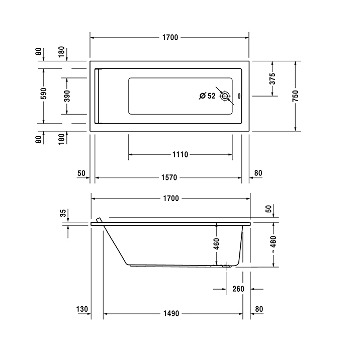 Duravit Starck Ванна 170x75х48см, встраиваемая, акрил, цвет: белый
