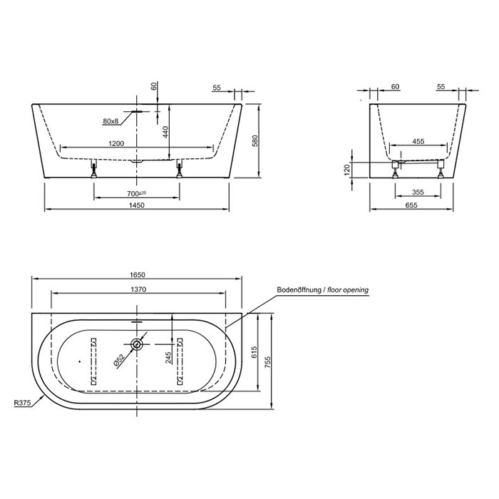 Ванна акриловая пристенная Knief Wall XS 165x75x58см, щелевой перелив SLOT, цвет: белый
