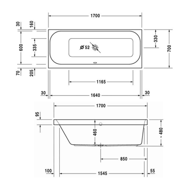 Duravit Happy D.2 Ванна акриловая 170х70x46см, прямоугольная .встраиваемая версия, с наклоном для спины слева, цвет: белый