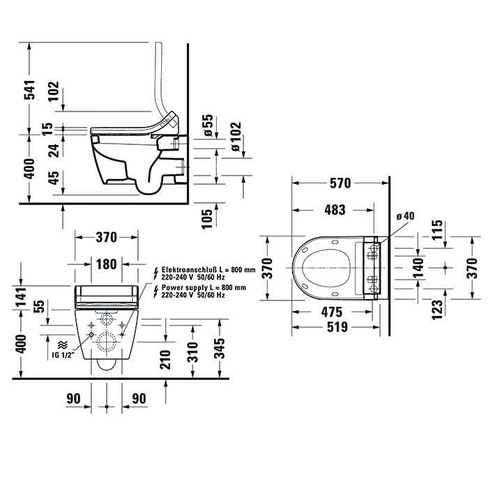 Duravit ME by Starck SensoWash Унитаз подвесной, вкл. крепление Durafix, включая компоненты для SensoWash со скр. подкл, 4,5л, 37х57см, цвет: белый