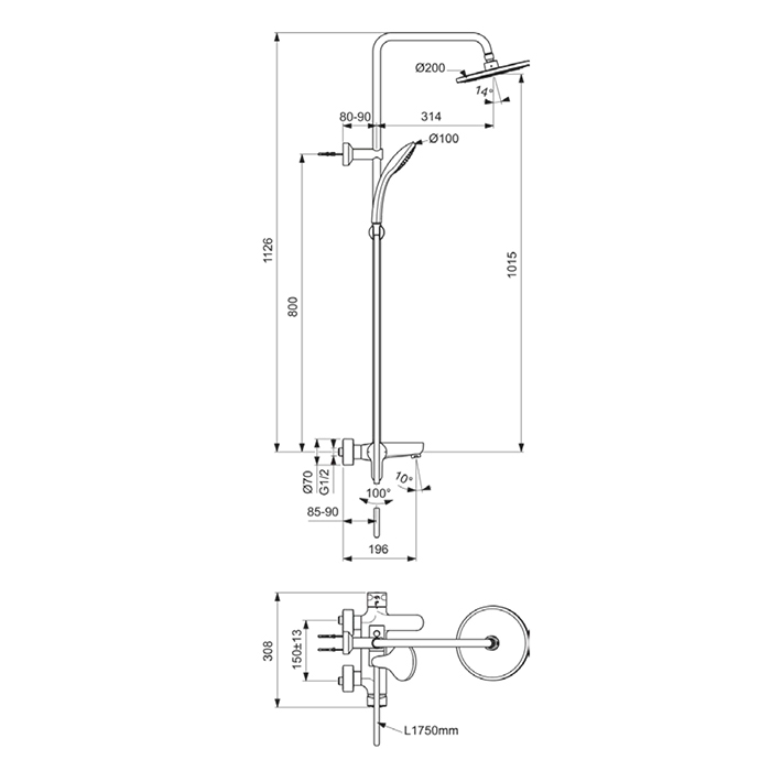 Ideal Standard IdealRain Cerafine O Душевая система с настенным смесителем, верхним душем Ø20см, держателем, лейкой для душа и шлангом 175см, цвет: хром