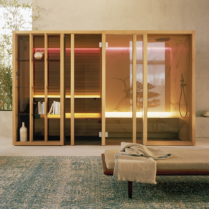 Effegibi Yoku SH Glass Сауна&Хаммам 342x170х214см, в нишу, цвет: чёрный орех/Calacatta Gold Extra