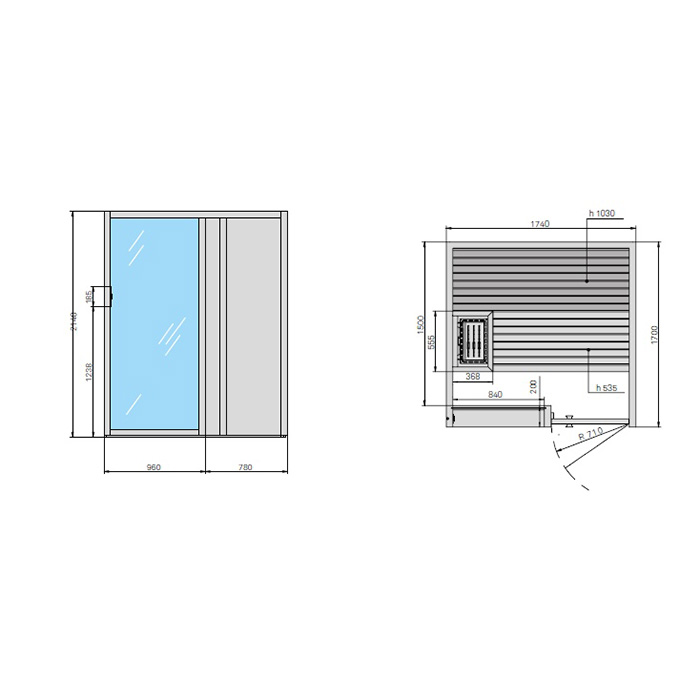 Effegibi Yoku S Door Сауна 174x170х214см, угловая SX, цвет: осина термообработанная