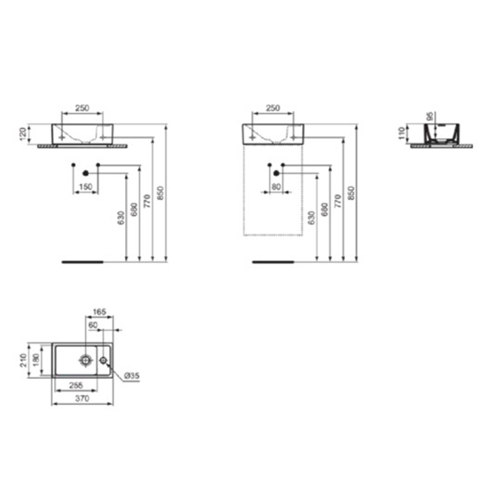 Ideal Standard i.life S Раковина 37х21xh12см., подвесная, с 1 отв., Dx, без перелива, цвет: белый матовый