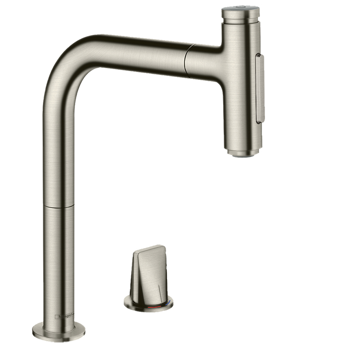 Смеситель для кухни Hansgrohe Metris M71, на 2 отв, поворотный излив: 22.1см с вытяжным душем, 2jet, h:20.8см, sBox, цвет: нержавейка