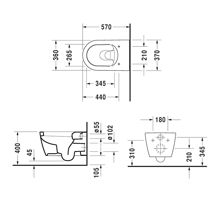 Duravit ME by Starck Унитаз 37x57см, подвесной, вкл. крепление Durafix, WonderGliss, цвет: белый