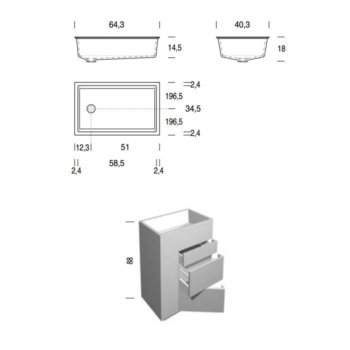 NOORTH milldue edition TOUCH Комплект мебели 64х40х88см, напольный, 3 ящика, слив в пол, раковина Milltek, цвет: Abete
